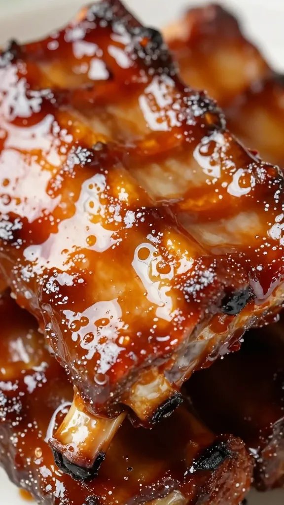 Sauce-coated rib with lacquered shine, extreme closeup