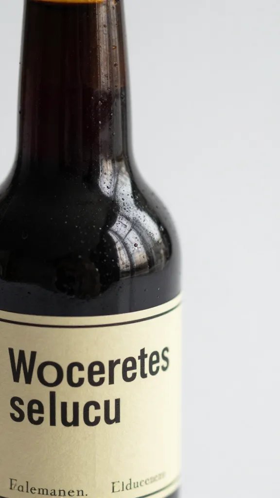closeup of smoky Worcestershire sauce in glass bottle