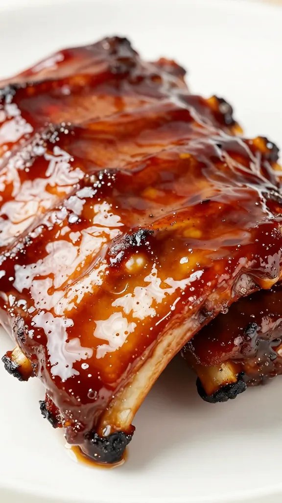 brushed ribs with glossy Worcestershire glaze, macro shot