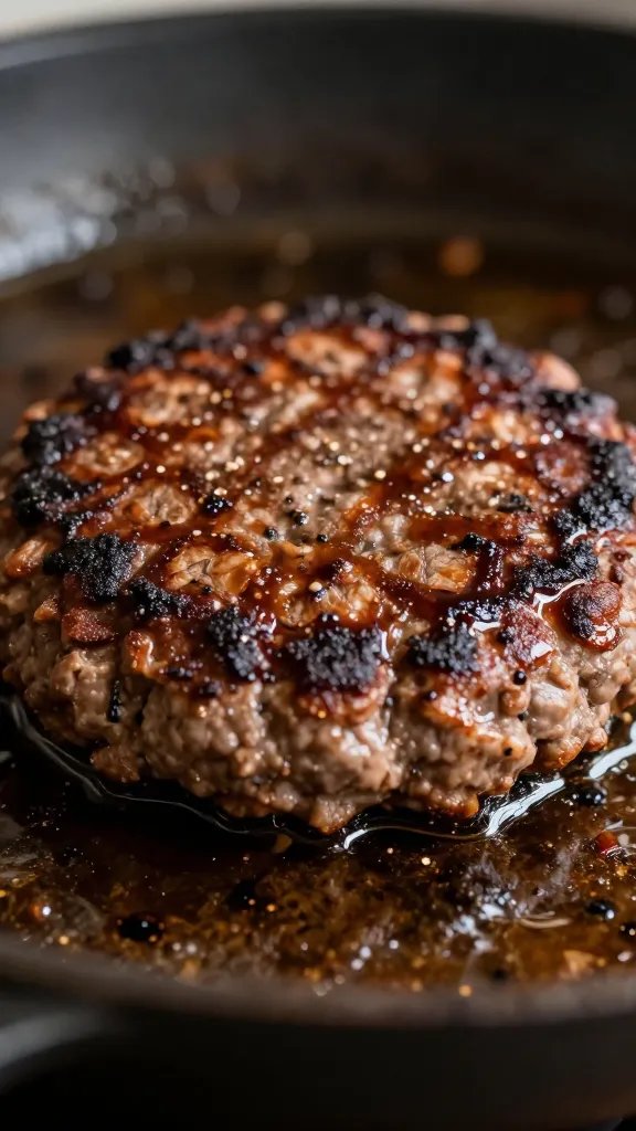 seared burger patty sizzling, Worcestershire sheen, tight crop