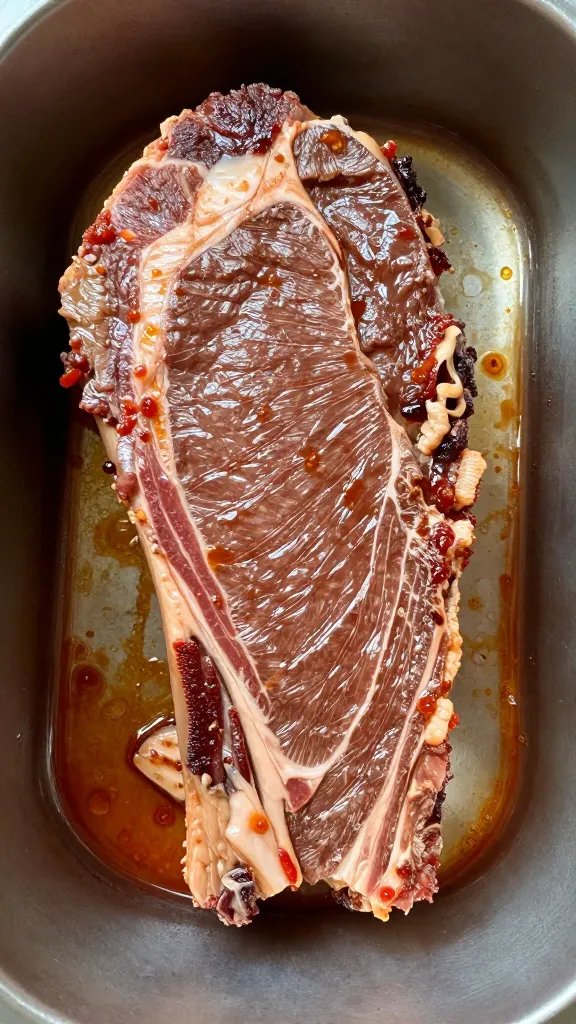 marinating brisket slab in shallow dish, sauce glistening