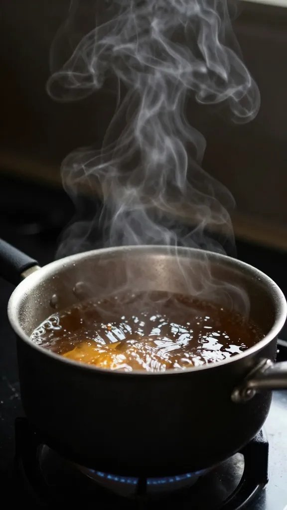 small saucepan of simmering Worcestershire, gentle steam rising