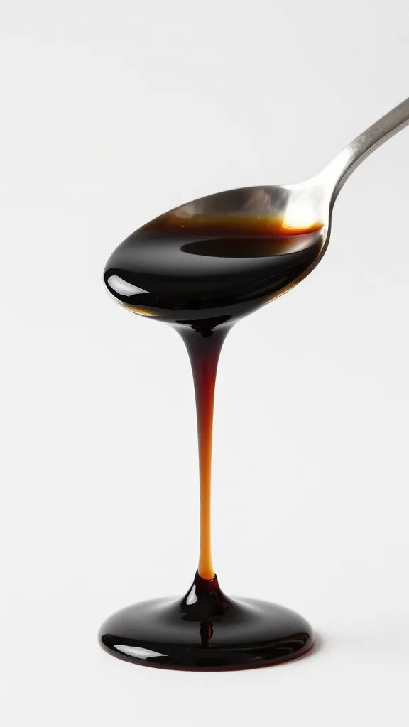 spoon dripping dark Worcestershire sauce, studio lighting