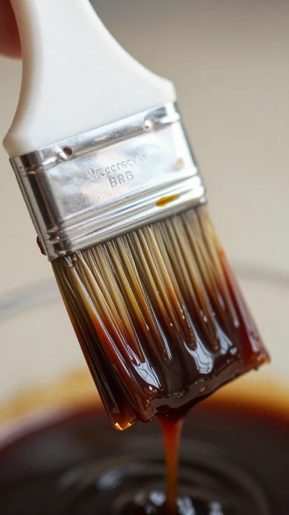basting brush loaded with Worcestershire glaze, extreme closeup