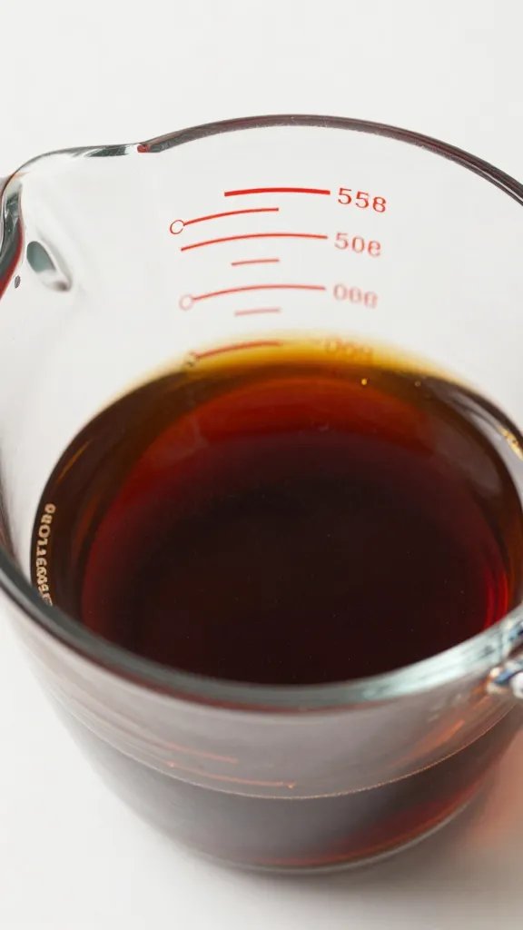measuring cup with 1½ cups Worcestershire, overhead closeup