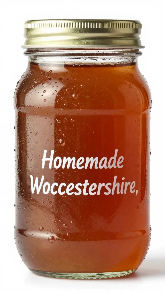 mason jar labeled “Homemade Worcestershire,” condensation beads