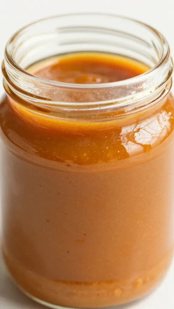 Closeup of honey-mustard BBQ sauce in glass jar