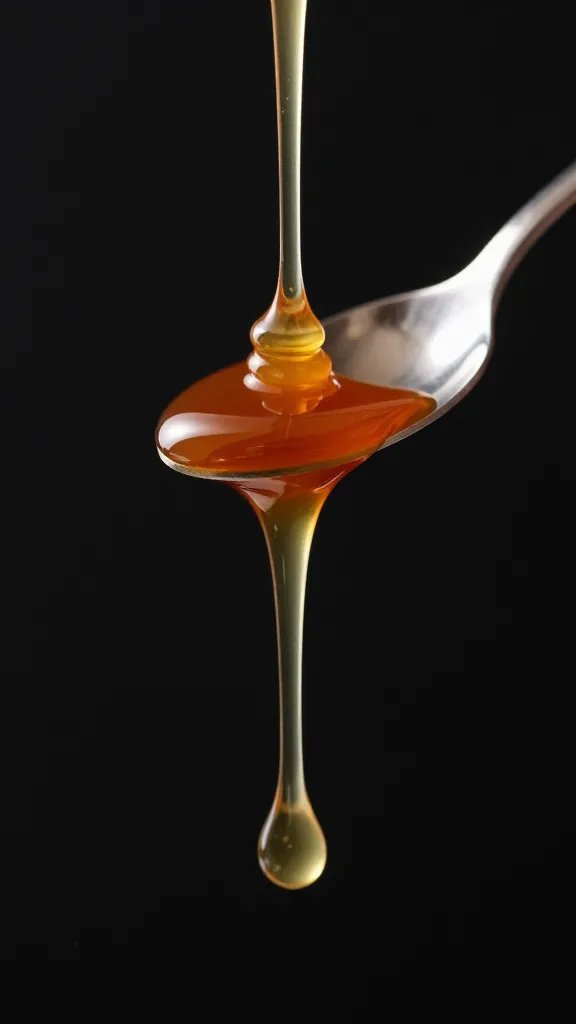 Molasses drizzle on spoon over black background
