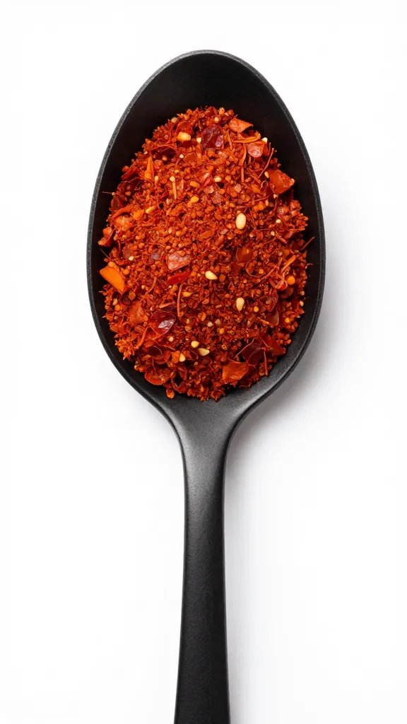 Smoked paprika mound on matte black spoon