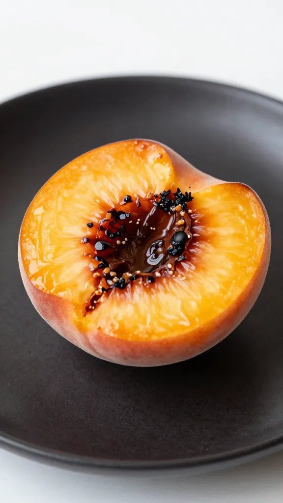 Charred peach half, caramelized, on dark plate