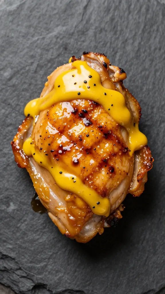 Single grilled chicken thigh glazed with mustard sauce