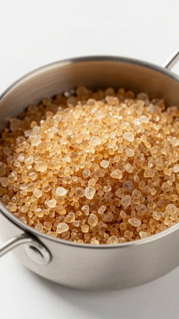 Brown sugar crystals in stainless measuring cup, closeup