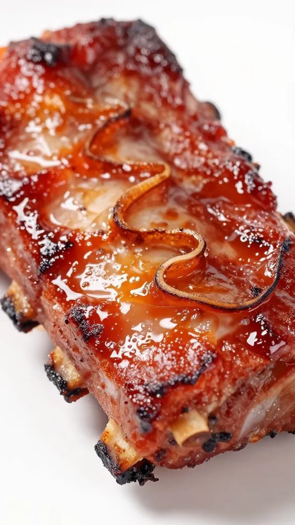 closeup of glazed pork rib with hickory smoke curl