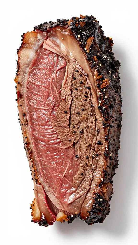 single beef brisket slice with mesquite bark detail