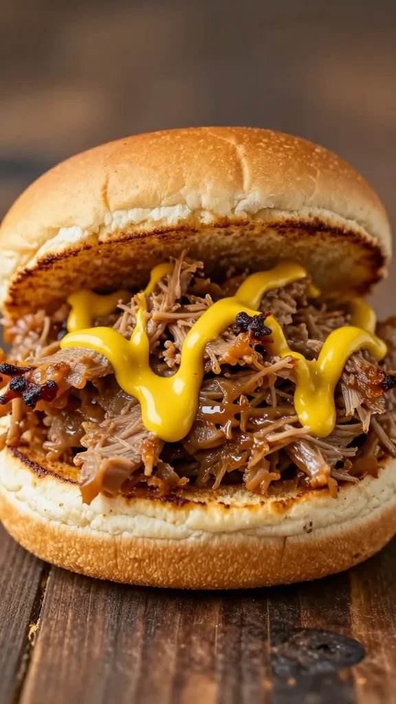 single pulled pork slider topped with Carolina mustard