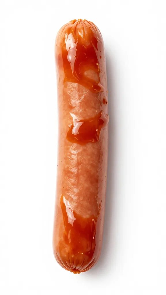 single sausage link lacquered in tangy vinegar sauce