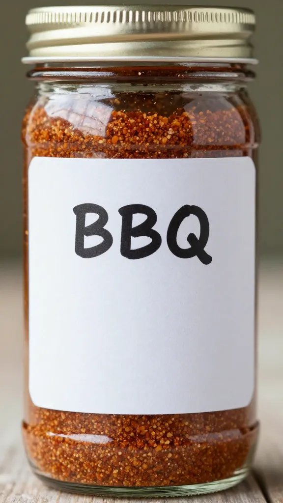 Closeup mason jar of BBQ rub with dated label