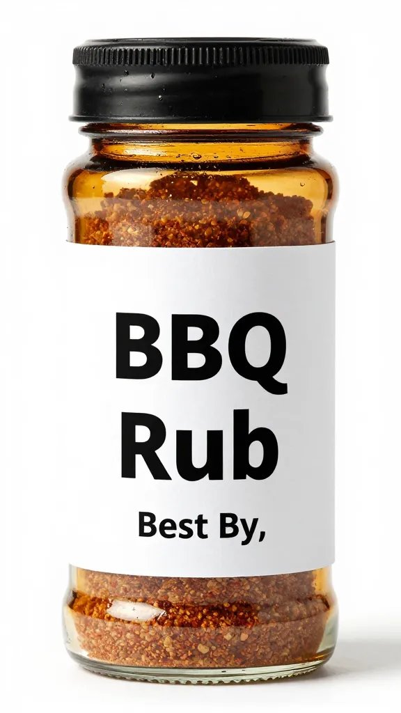 Amber glass spice jar labeled “BBQ Rub, Best By”