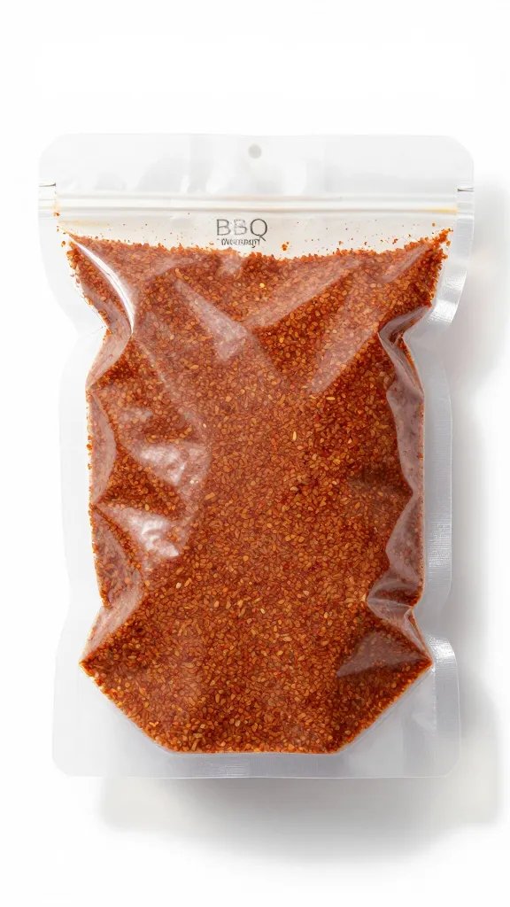 Vacuum-sealed bag of BBQ rub, date stamped