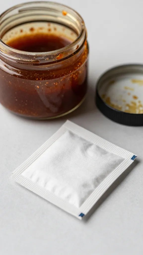 Desiccant packet beside open BBQ rub jar, macro