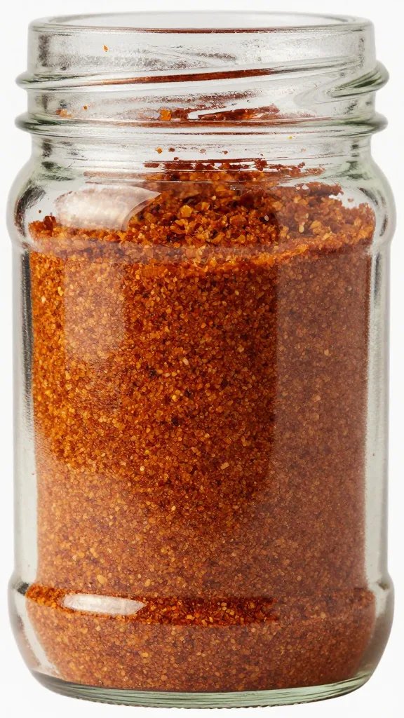 Tight shot of clumped BBQ rub in glass jar