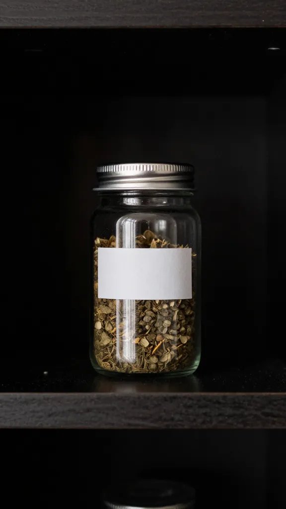 Dark pantry shelf with single labeled spice jar