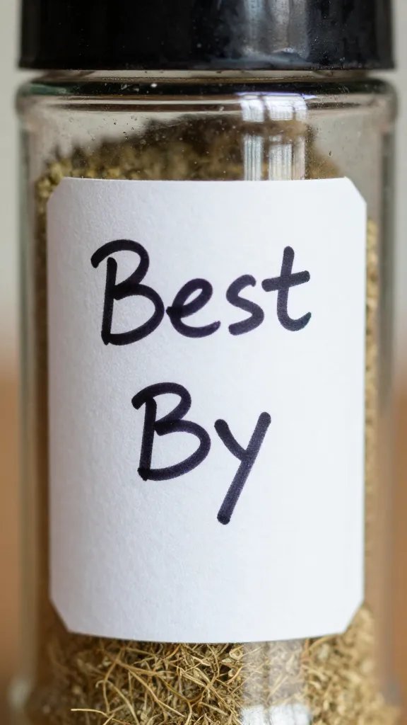 Hand writing “Best By” on spice jar label, closeup