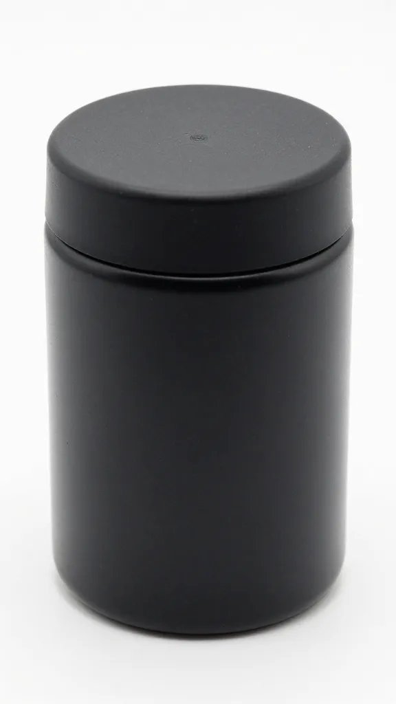 Black UV-blocking spice jar with matte cap, closeup
