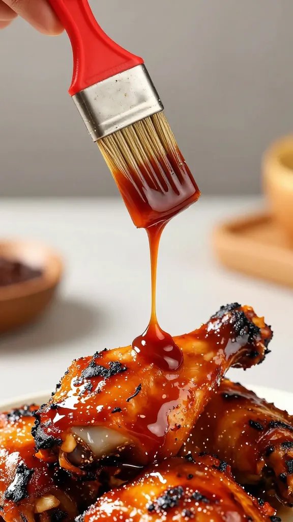 Sauce brush dripping BBQ glaze over charred drumstick