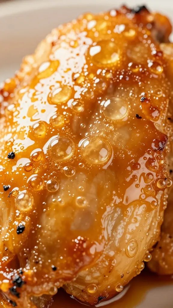 Shiny glaze bubble on grilled chicken skin, macro