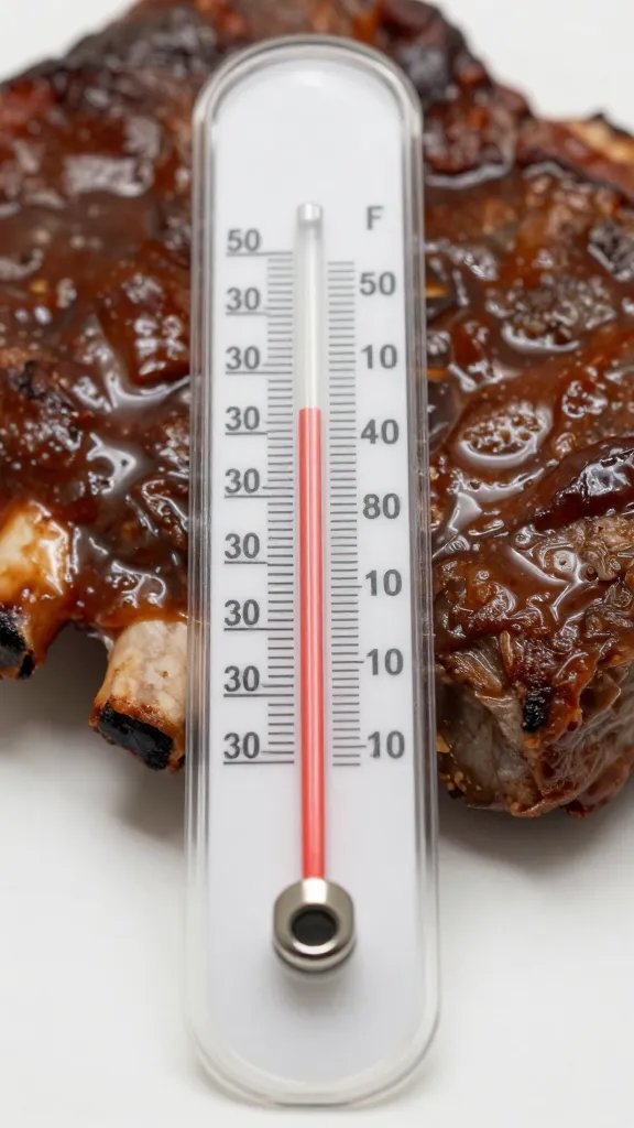 Thermometer tip reading 350°F beside sauced rib