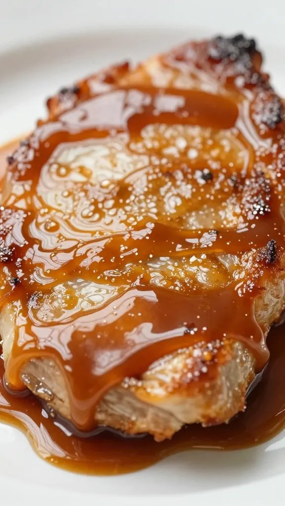 Caramelized sauce sheen on pork chop, tight macro