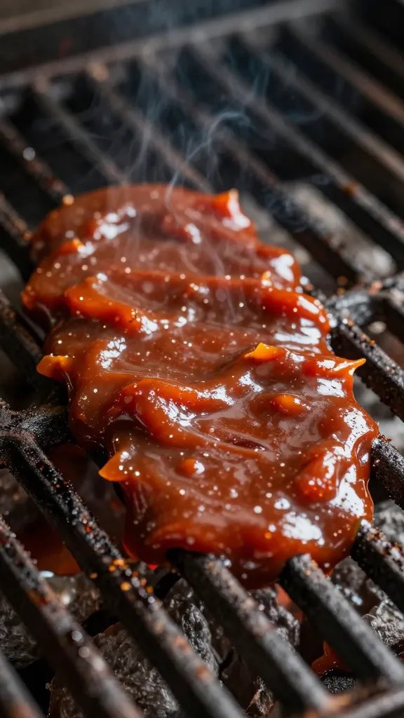 BBQ sauce streak on hot grill grate, sizzling closeup