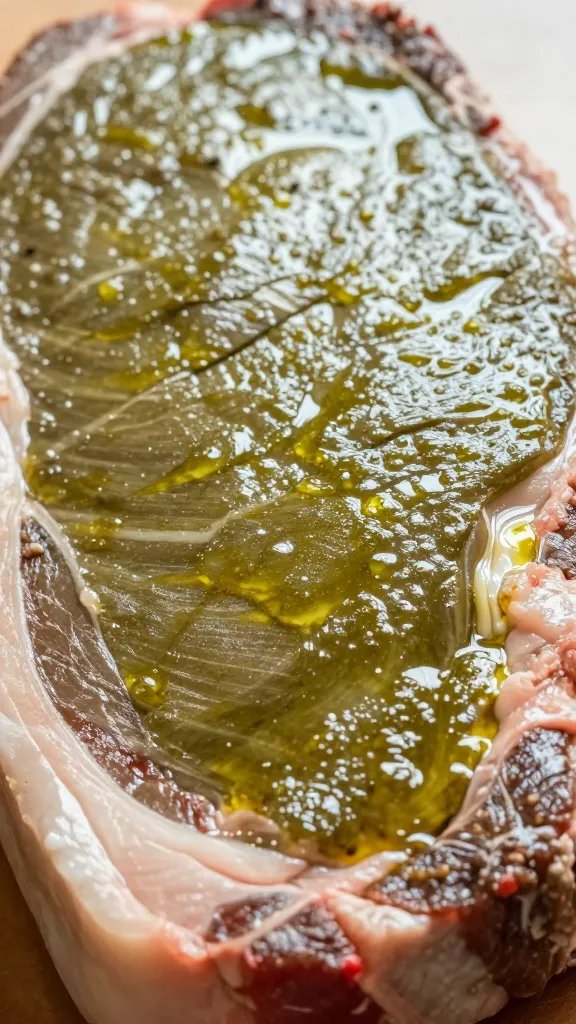 Closeup brushed olive oil on raw brisket surface
