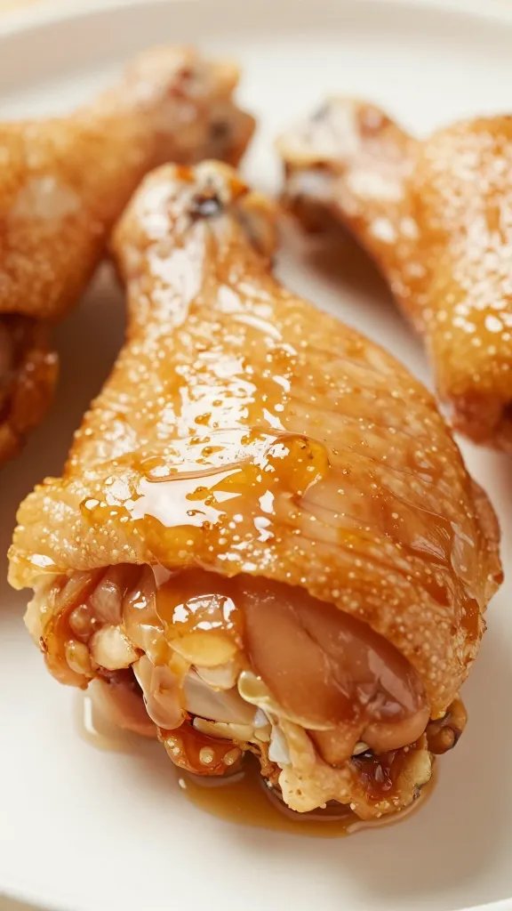 Thin honey glaze brushed on chicken thigh skin
