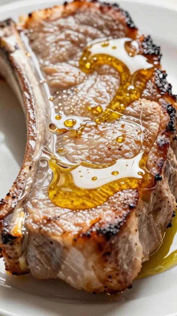 Avocado oil sheen on pork rib rack closeup