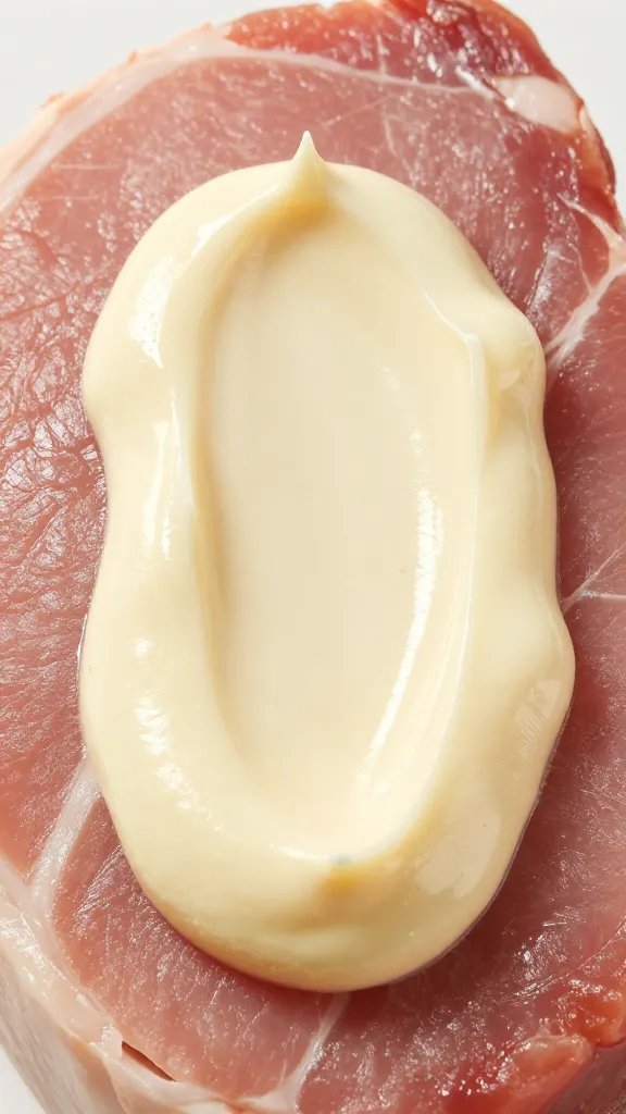 Mayonnaise binder spread thin on pork shoulder
