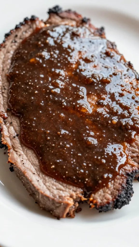 Worcestershire sauce film on brisket flat closeup