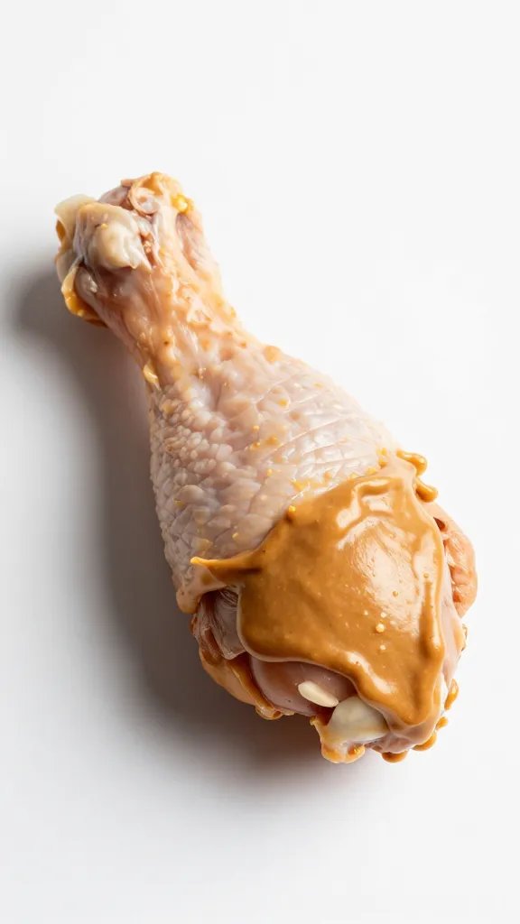 Peanut butter thinned binder on chicken drumstick