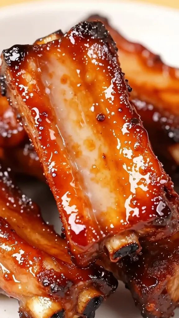Glossy pork rib with caramelized BBQ glaze, macro