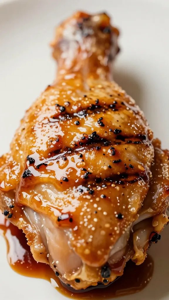 Single chicken thigh brushed with sauce, grill marks closeup