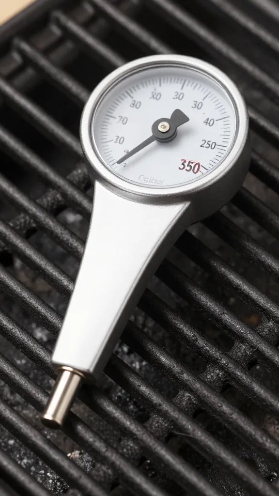 Instant-read thermometer tip at 350°F, grill grate backdrop
