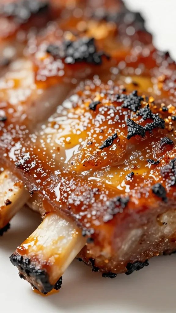 Burnt sugary crust on rib edge, extreme closeup