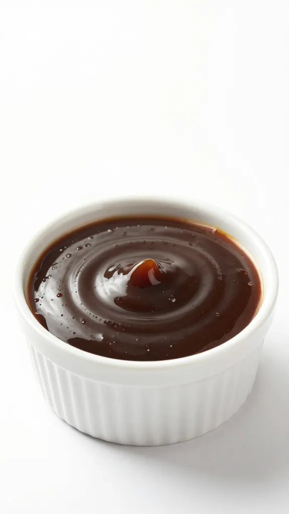 Small ramekin of dark BBQ sauce, viscous swirl