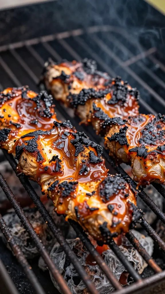 Charred grill grate with fused sauce residue, detail shot