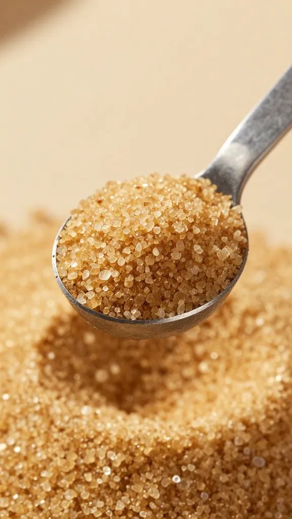 Measuring spoon heaping brown sugar, shallow depth of field