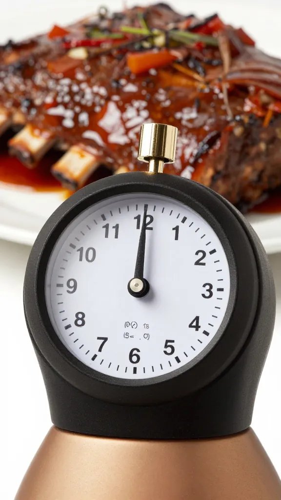 Timer set to 5 minutes beside sauced rib, tight crop