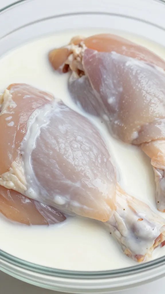 closeup raw chicken thigh in yogurt marinade, glass bowl