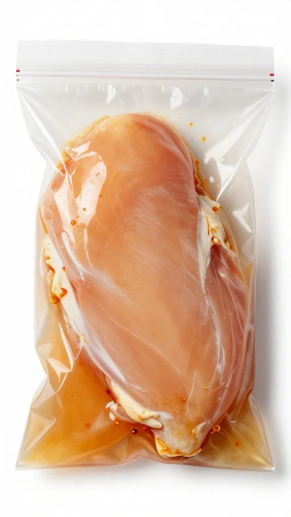 single chicken breast in zip bag, thin marinade layer