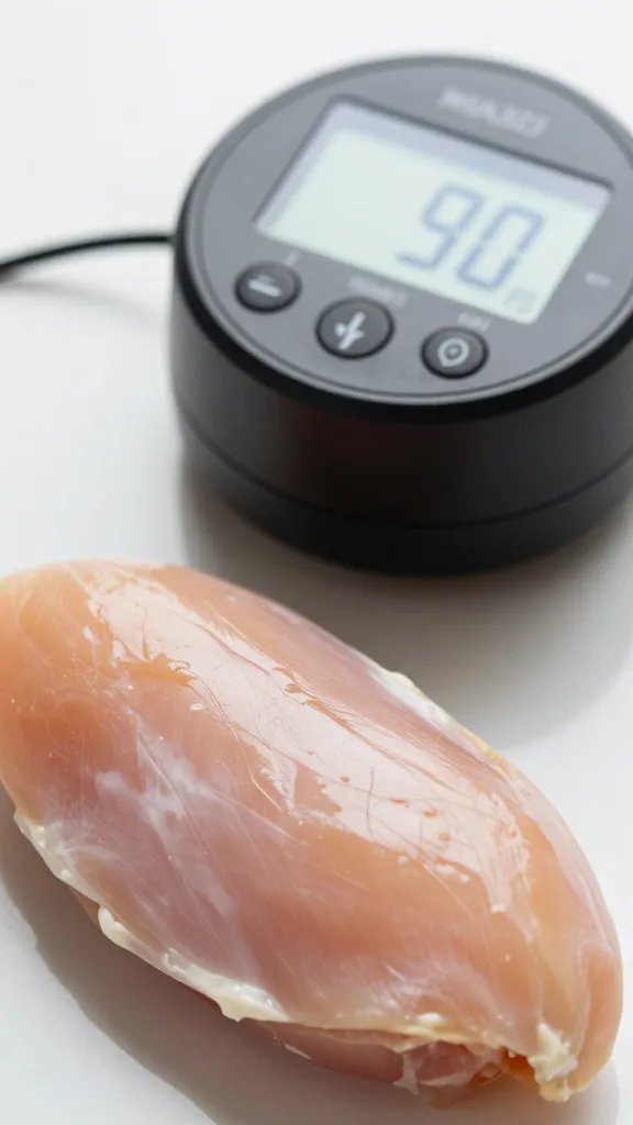 digital kitchen timer beside marinating chicken breast, closeup